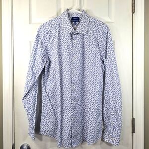 Apt.9 Blue & White Feather Print Long Sleeve Button Down Shirt Size L 16-16 1/2